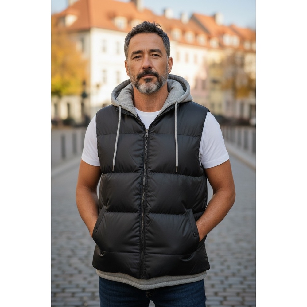 PWT Pilgrim Worldwide Trading Mens Black Puffer Vest Hooded Full Zip Layering 3X
